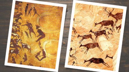 As duas inscrições rupestres vistas aqui mostram o ser humano em busca de proteínas, ainda que não soubesse disso. O que separa as duas imagens aconteceu durante a chamada Revolução Agrícola Neolítica, entre 10.000 e 5.000 anos a.C.: neste processo, a caça deu lugar à domesticação de animais.